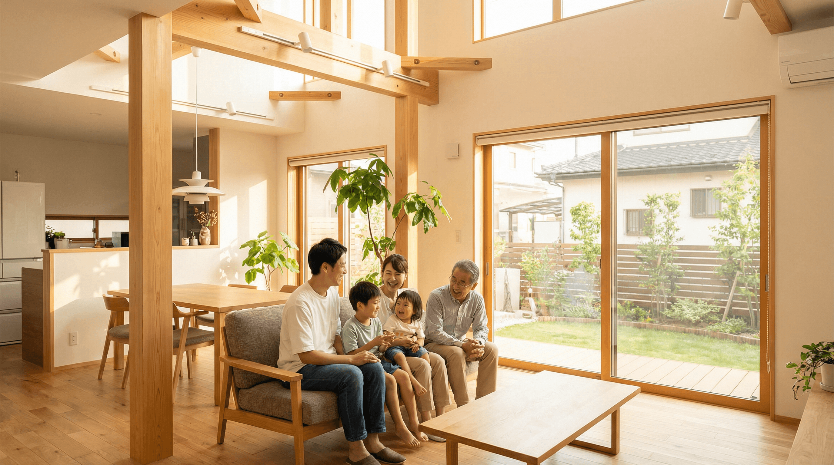 完成した住まいで幸せそうに過ごしているお客様