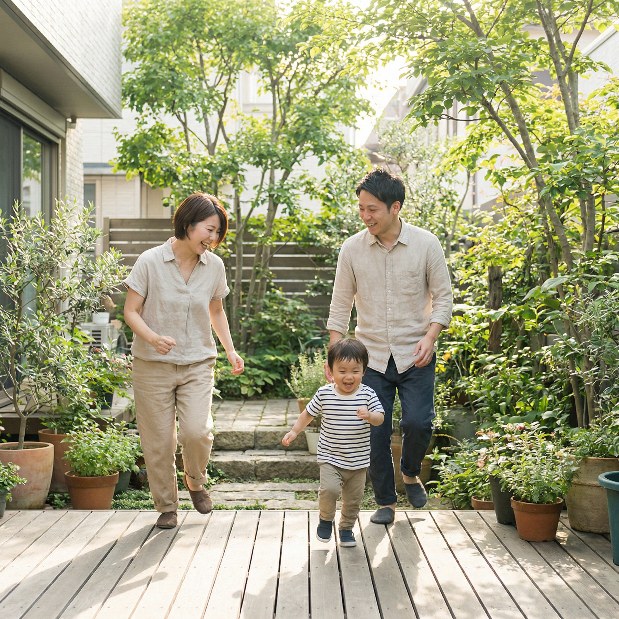 中庭で遊ぶお子様を見守るK様ご夫婦