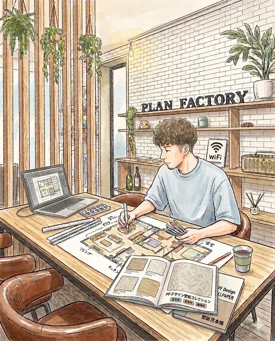 マドリ工場で住まいのプランを設計する様子のイラスト
